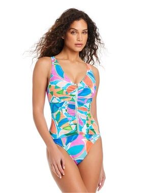 Beyond Control Women's Zip Front One Piece Swimsuit Teal Tummy Control